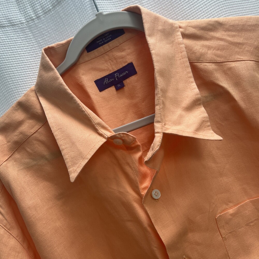 ALAN FLUSSER 100% Linen Men's Orange Short Sleeve Classic Button-Down Shirt‎ XL
